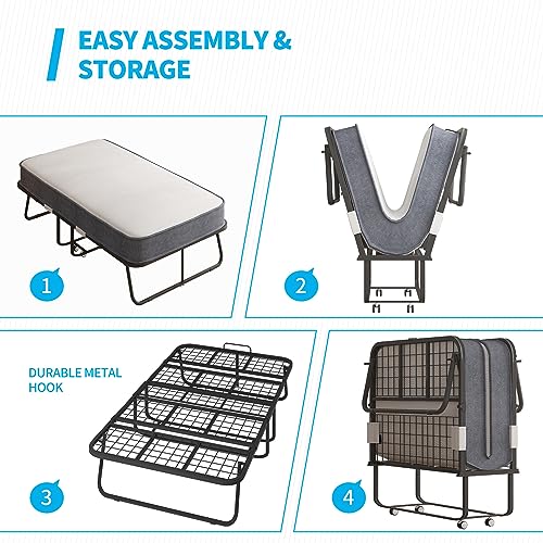 Folding Bed with 5 Inch Memory Foam Mattress, Single Rollaway Bed with Lockable Wheels I778