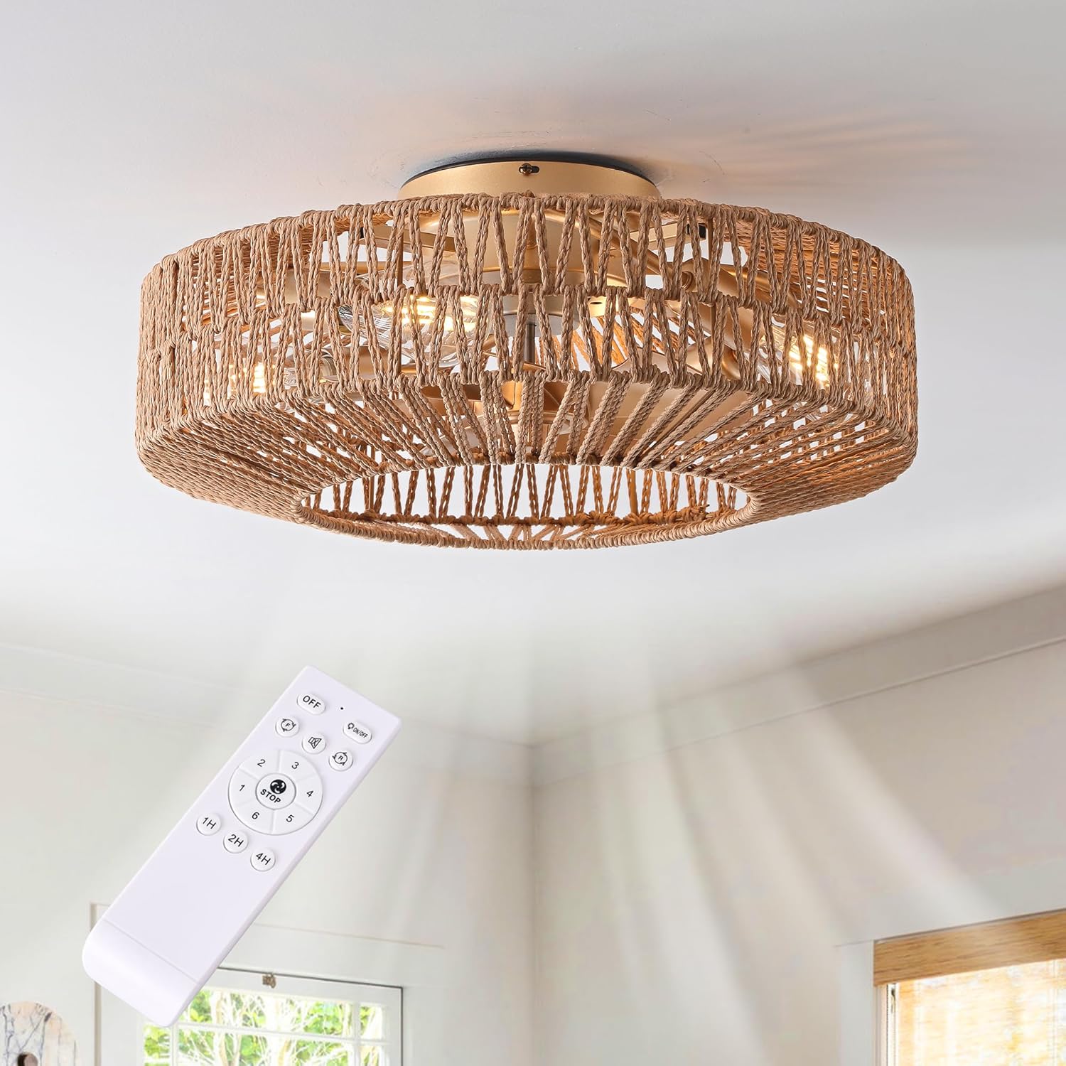 20" Rattan Ceiling Fan with Lights and Remote Control D8909