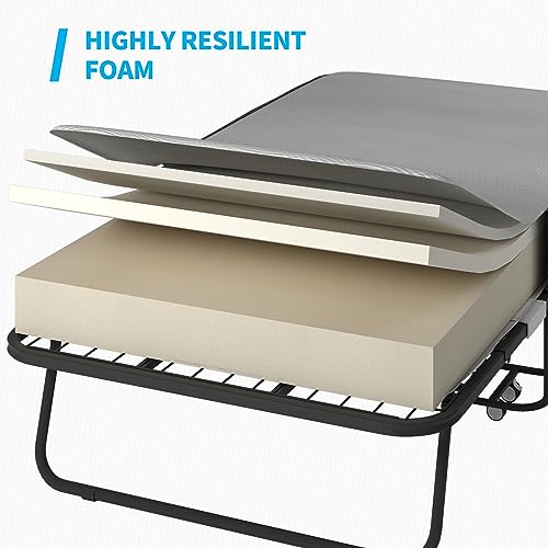 Folding Bed with 5 Inch Memory Foam Mattress, Single Rollaway Bed with Lockable Wheels I778