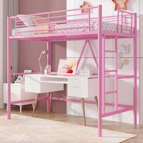 Pink Twin Size Metal Loft Bed with Ladder and Guardrail W43392