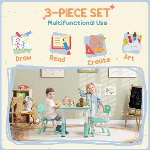 3 Pieces Height Adjustable Kids Table and Chair Set with Storage Green J700357