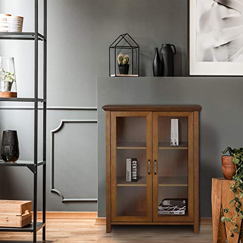 Oiled Oak Wooden Freestanding Floor Cabinet with 2 Adjustable Shelves and 2 Glass Paneled Doors B8649