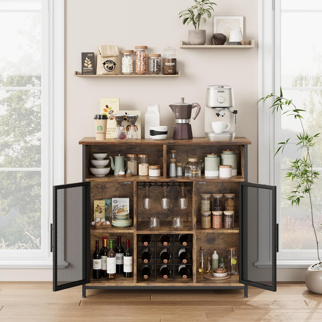Rustic Brown Coffee Bar Cabinet with Mesh Doors and Adjustable Shelves B535
