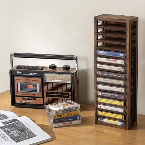 16-Slot Solid Burnt Wood Cassette Tape Storage Rack V986638