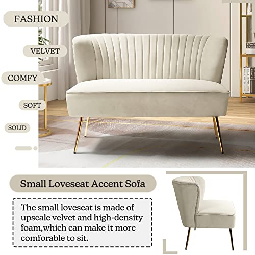 Tan Velvet Loveseat Sofa with Golden Metal Legs N134