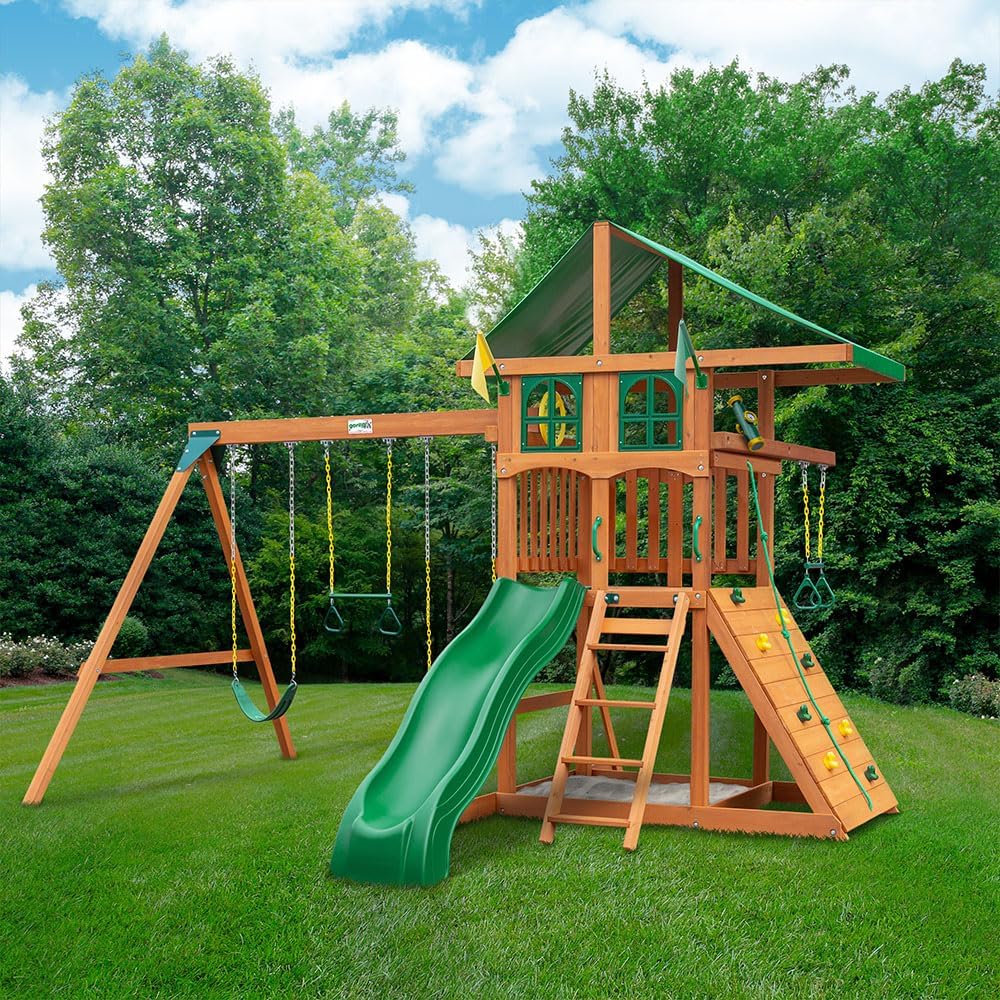 Oversized Green Vinyl Canopy Wooden Swing Set with Climbing Wall, Ladder, Swings and Slide A6830