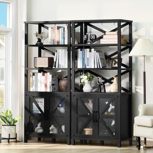 5 Tier 70" Tall Bookcase with Barn Doors and Adjustable Shelves, Blue (2PCS) K80103