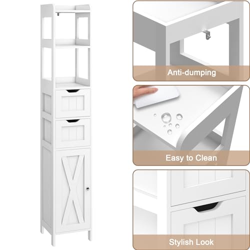 White Freestanding Tall Bathroom Cabinet with Door and Adjustable Shelf and 2 Drawers X41692