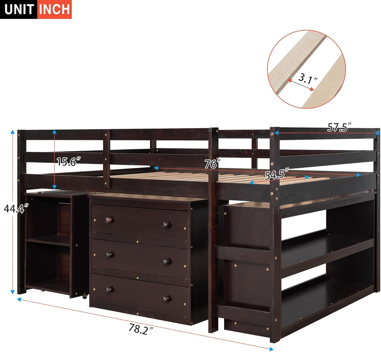 Full Size Low Loft Bed Wood with Storage Cabinet Desk Brown F32576