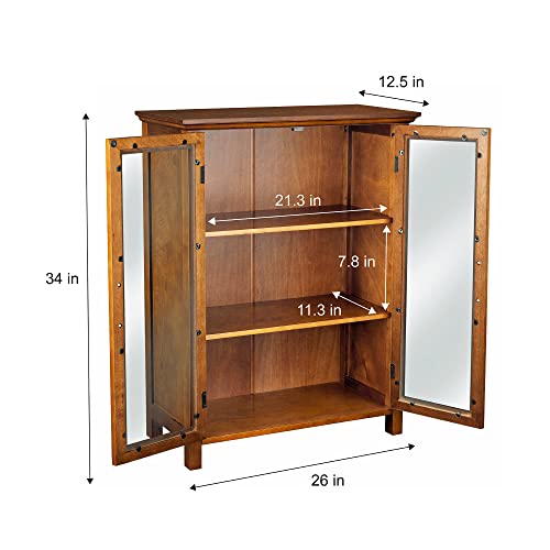 Oiled Oak Wooden Freestanding Floor Cabinet with 2 Adjustable Shelves and 2 Glass Paneled Doors B8649