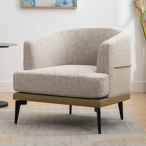 Mustard Green Accent Barrel Chair with Linen and PU, Metal Legs D13205