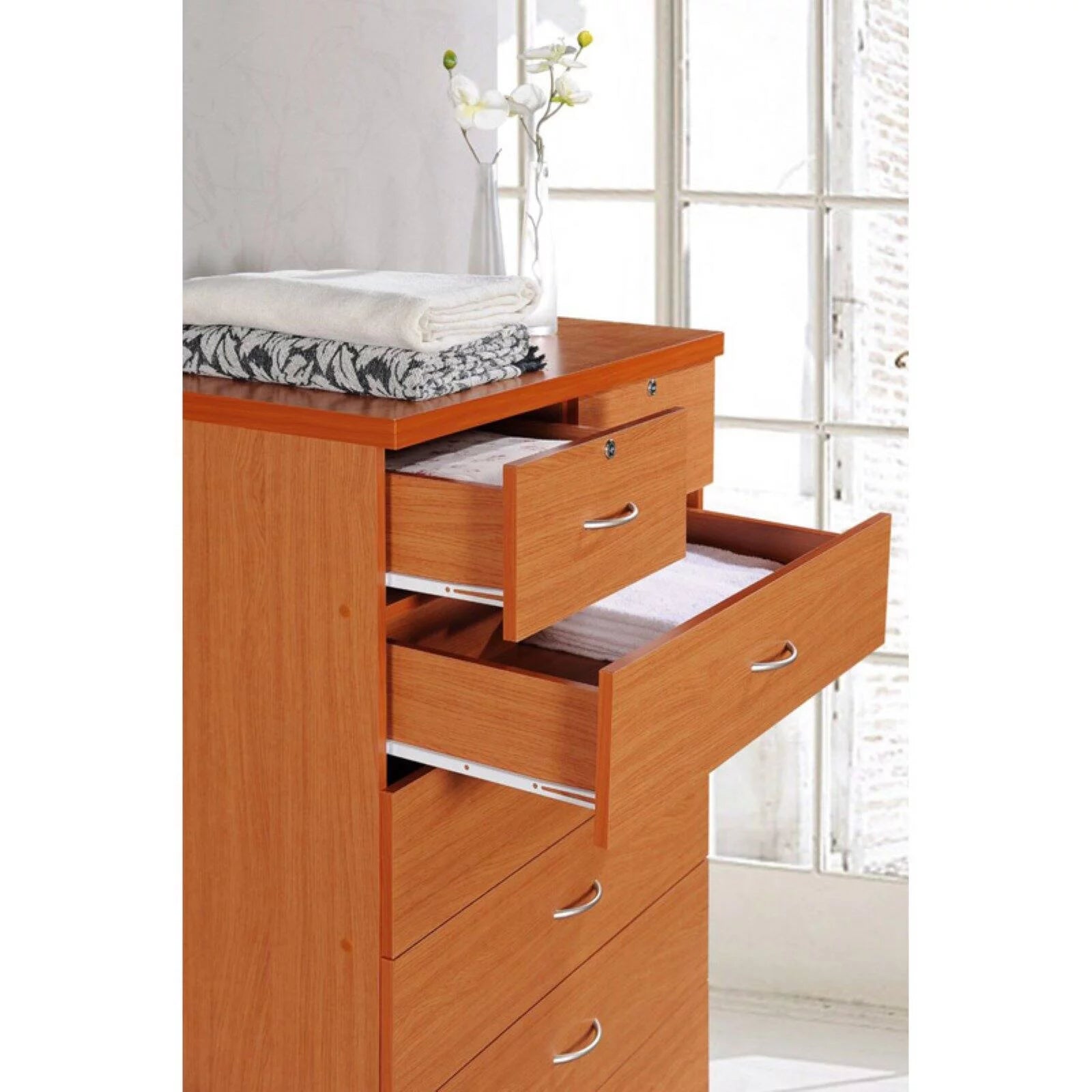7 Drawer Wooden Dresser Chest with 2 Top Locks, Cherry Q1265