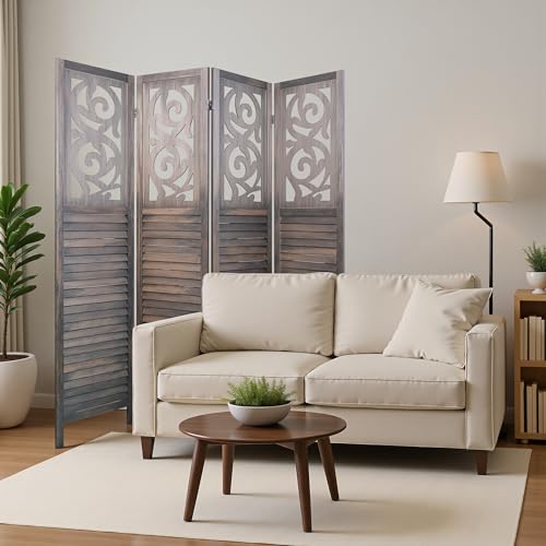 6 Panel Wooden Folding Room Divider with Shelves K489634