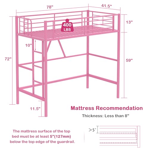 Pink Twin Size Metal Loft Bed with Ladder and Guardrail W43392