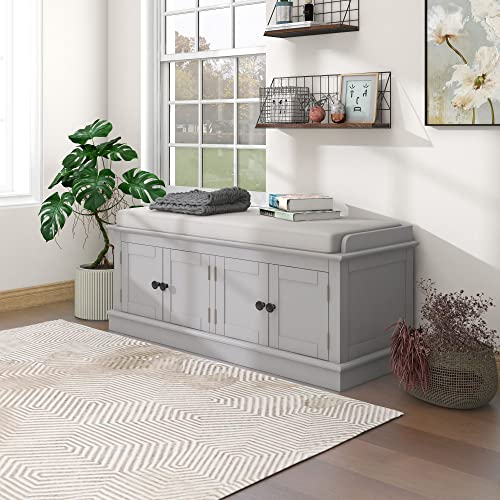 White 4 Door Storage Bench with Adjustable Shelves and Removable Seat Cushion P594434