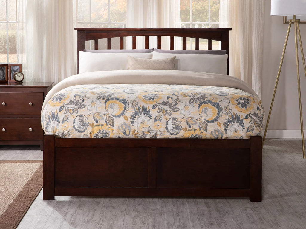 Solid Wood Platform Bed with Footboard and Twin XL Trundle in Walnut R273768