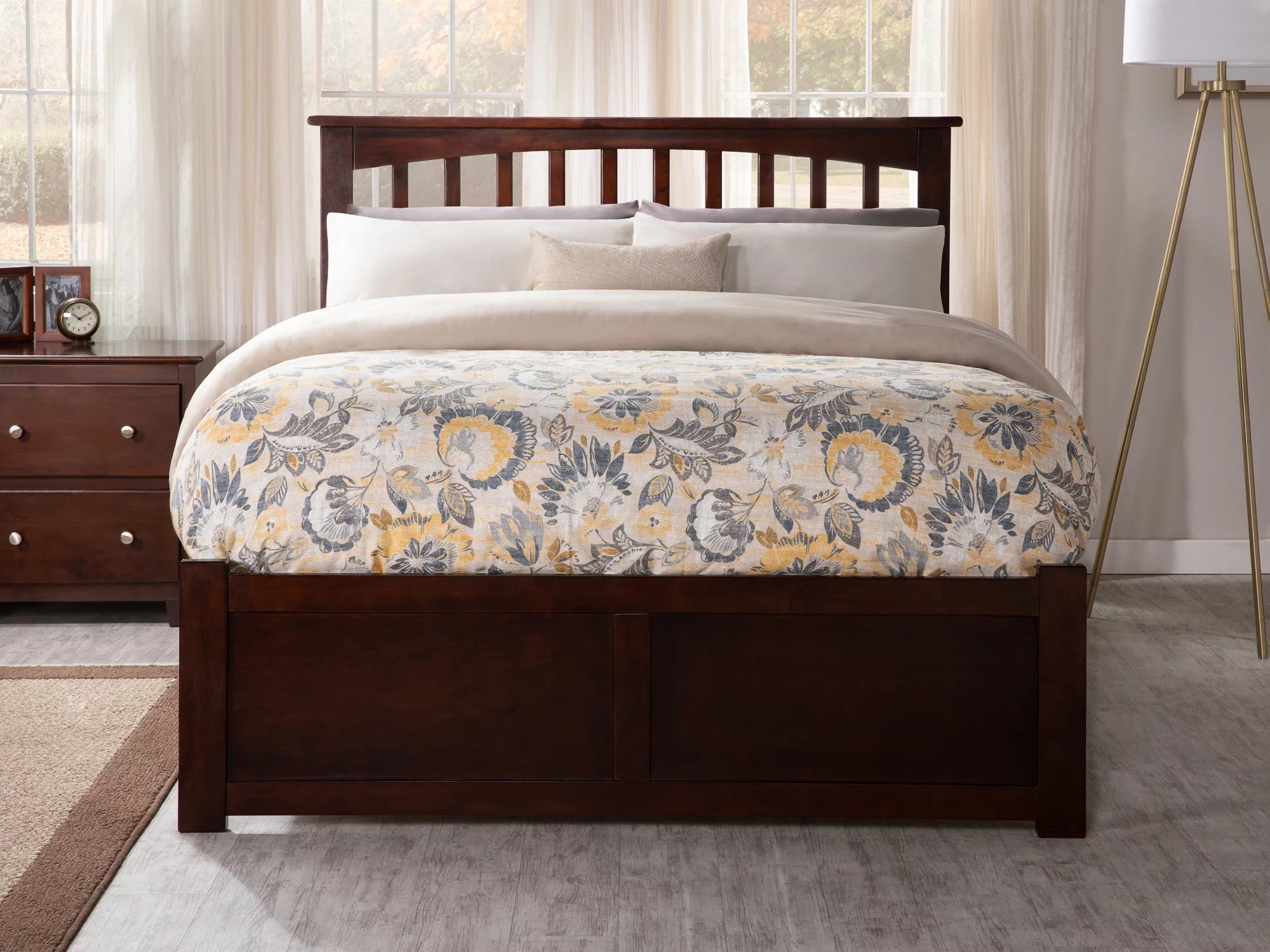 Solid Wood Platform Bed with Footboard and Twin XL Trundle in Walnut R273768