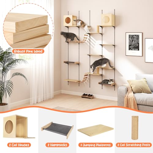 25-Piece Wall-Mounted Cat Climber Set with Cat Shelves, House, Platform, Bridge, Hammock & Scratching Board (Burlywood) H843