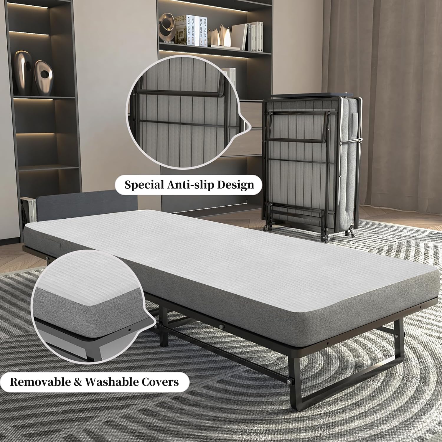 Folding Bed with 4-Inch Mattress, Metal Cot Size Rollaway Bed on Wheels G28732