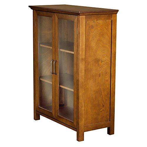 Oiled Oak Wooden Freestanding Floor Cabinet with 2 Adjustable Shelves and 2 Glass Paneled Doors B8649