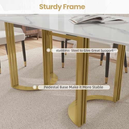 63" White Marble Dining Table with Gold Trestle Pedestal R774533