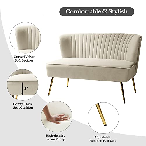 Tan Velvet Loveseat Sofa with Golden Metal Legs N134