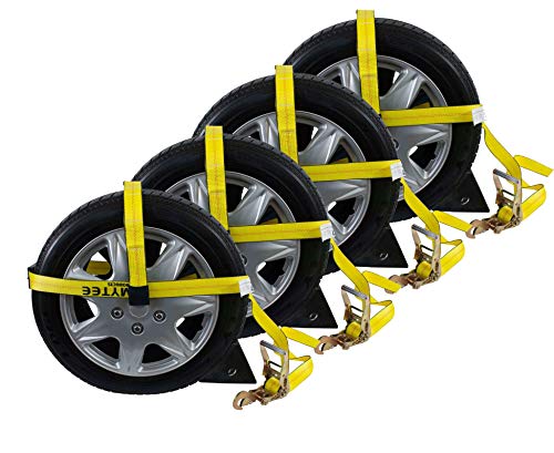 (4 Pack) 2"x144" Car Tie Down Straps with Ratchet Snap Hooks & 33" Over The Wheel Tire Straps K1990