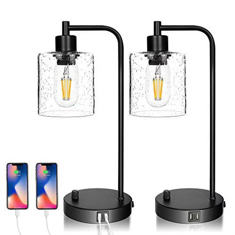 Set of 2 Dimmable Table Lamps with USB Port, Seeded Glass & Matte Black X983230