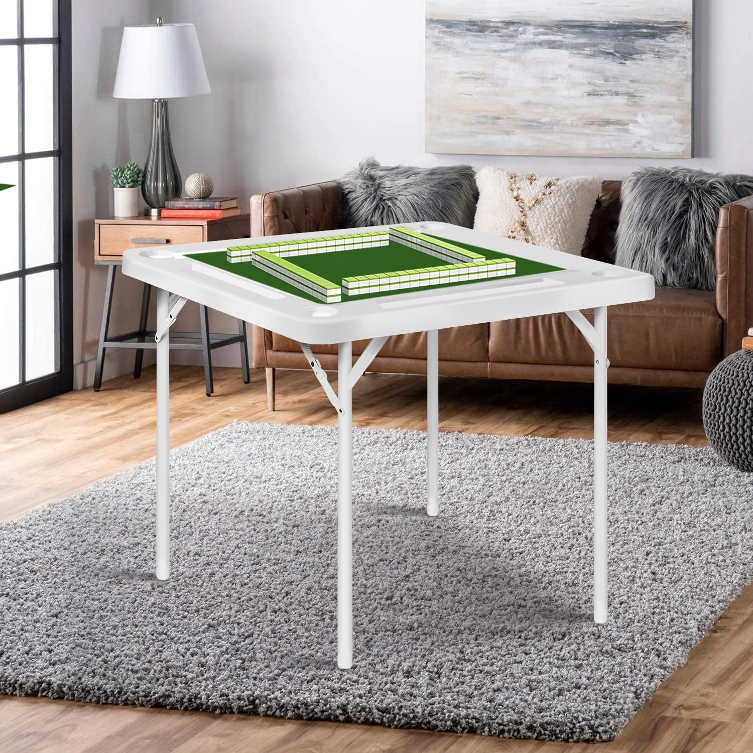 Square 4-Player Foldable Mahjong Table with Cup Holders and Trays N539150