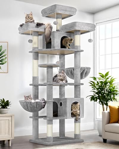 82-inch XXL Tall Cat Tree with Scratching Post, 3 Perches, 2 Condos, 2 Hanging Baskets, Light Grey O3725
