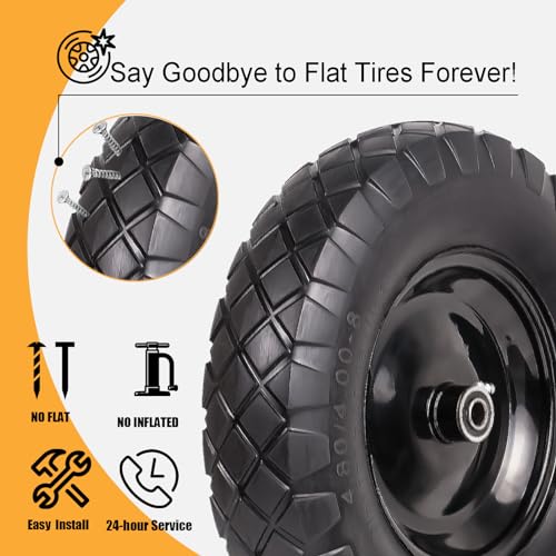 4.80/4.00-8 Flat Free 16" Solid Wheels with Bearings (2 Pack) P436839