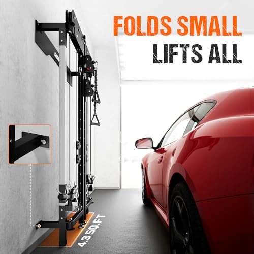 Folding Squat Rack Wall Mounted Power Rack with Dual Independent Pulley System Q2891