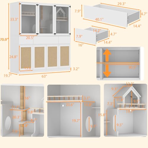 White Cat Litter Box Enclosure with Scratch Post, Stairs, Storage Drawers, Shelves, Sisal Doors S139254