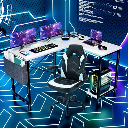 Black L Shaped Computer Desk with Wooden Desktop CPU Stand Side Bag G419799