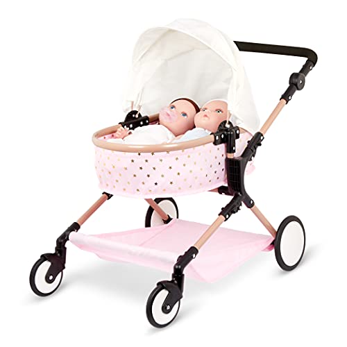 Baby Doll Double Stroller Pink Foldable Canopy Swivel Wheels Basket R4557