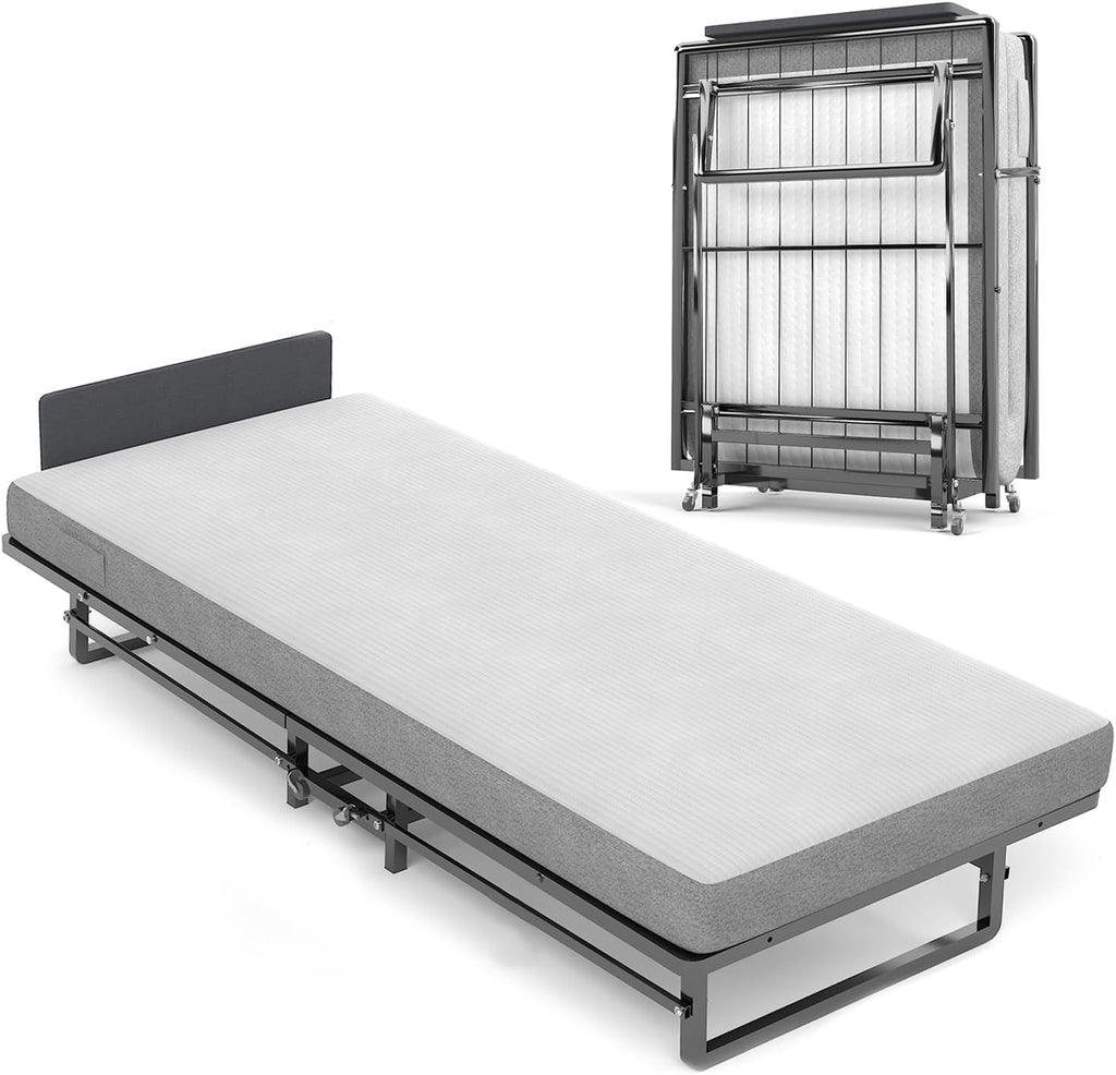 Folding Bed with 4-Inch Mattress, Metal Cot Size Rollaway Bed on Wheels G28732