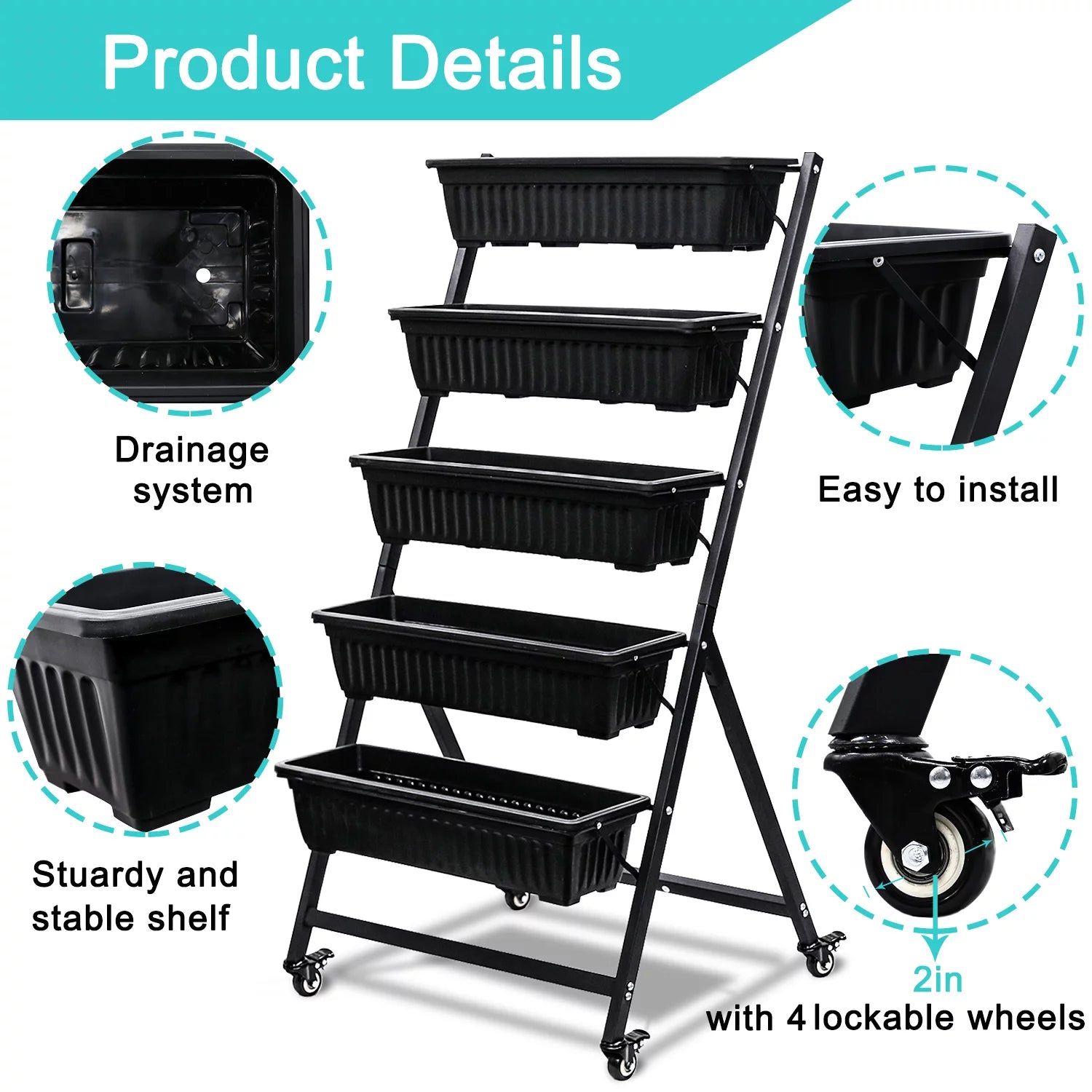 Raised Garden Bed Vertical Garden Freestanding Elevated Planters 5 Container Boxes with Wheels X264