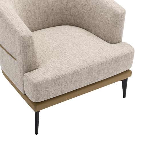 Mustard Green Accent Barrel Chair with Linen and PU, Metal Legs D13205