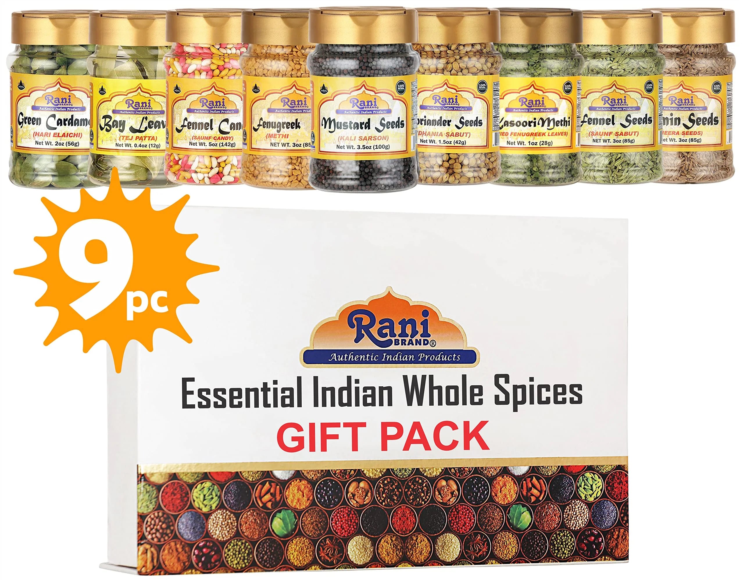 Indian Whole Spices 9 Bottle Gift Box Set, 3oz per Bottle A7200