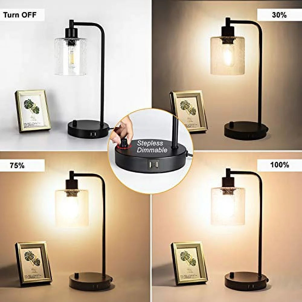 Set of 2 Dimmable Table Lamps with USB Port, Seeded Glass & Matte Black X983230