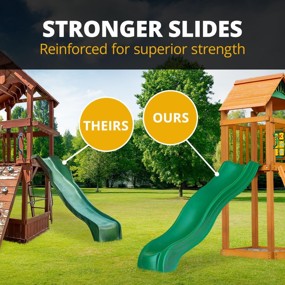 Oversized Green Vinyl Canopy Wooden Swing Set with Climbing Wall, Ladder, Swings and Slide A6830