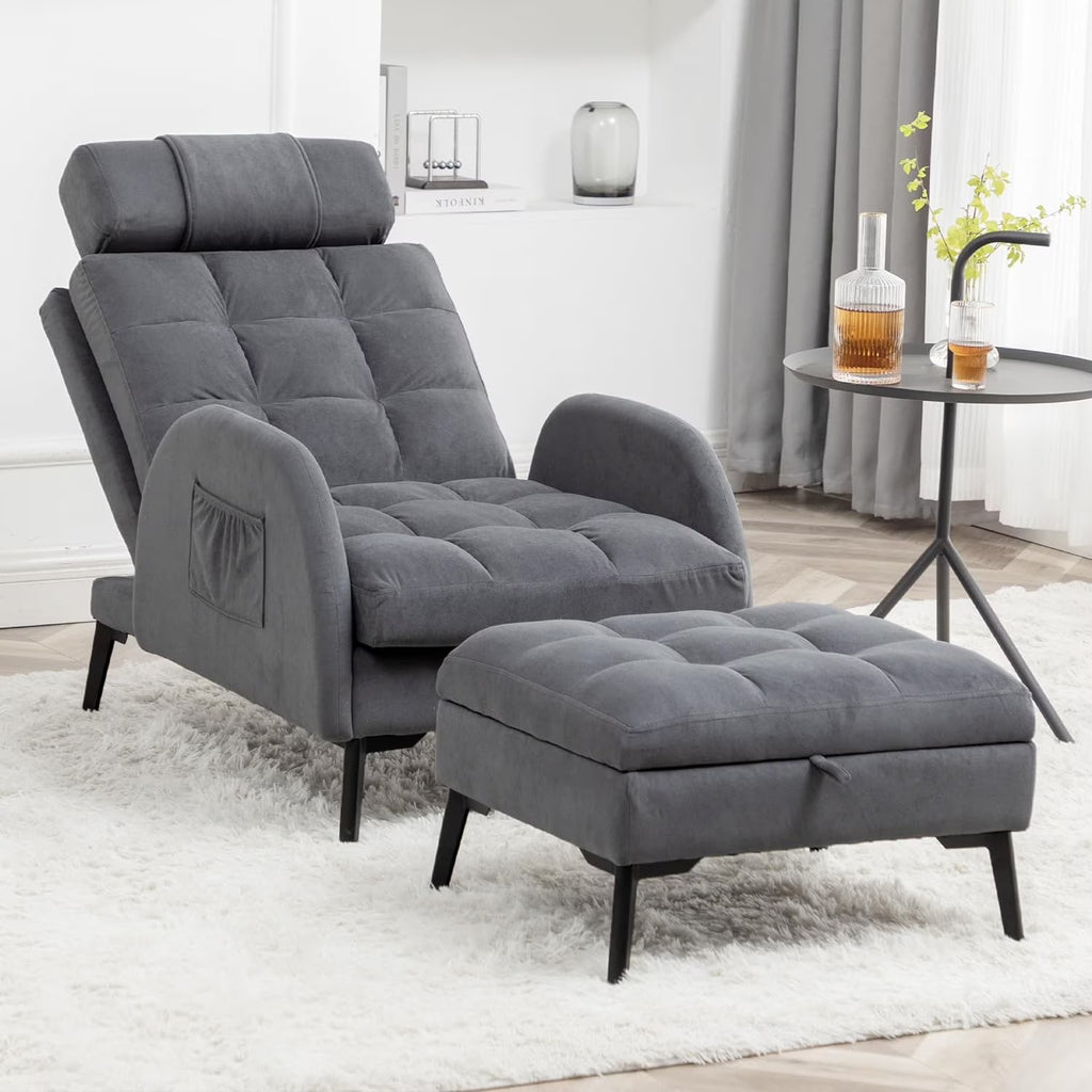 Dark Grey Velvet Accent Chair with Ottoman and Adjustable Backrest P5273