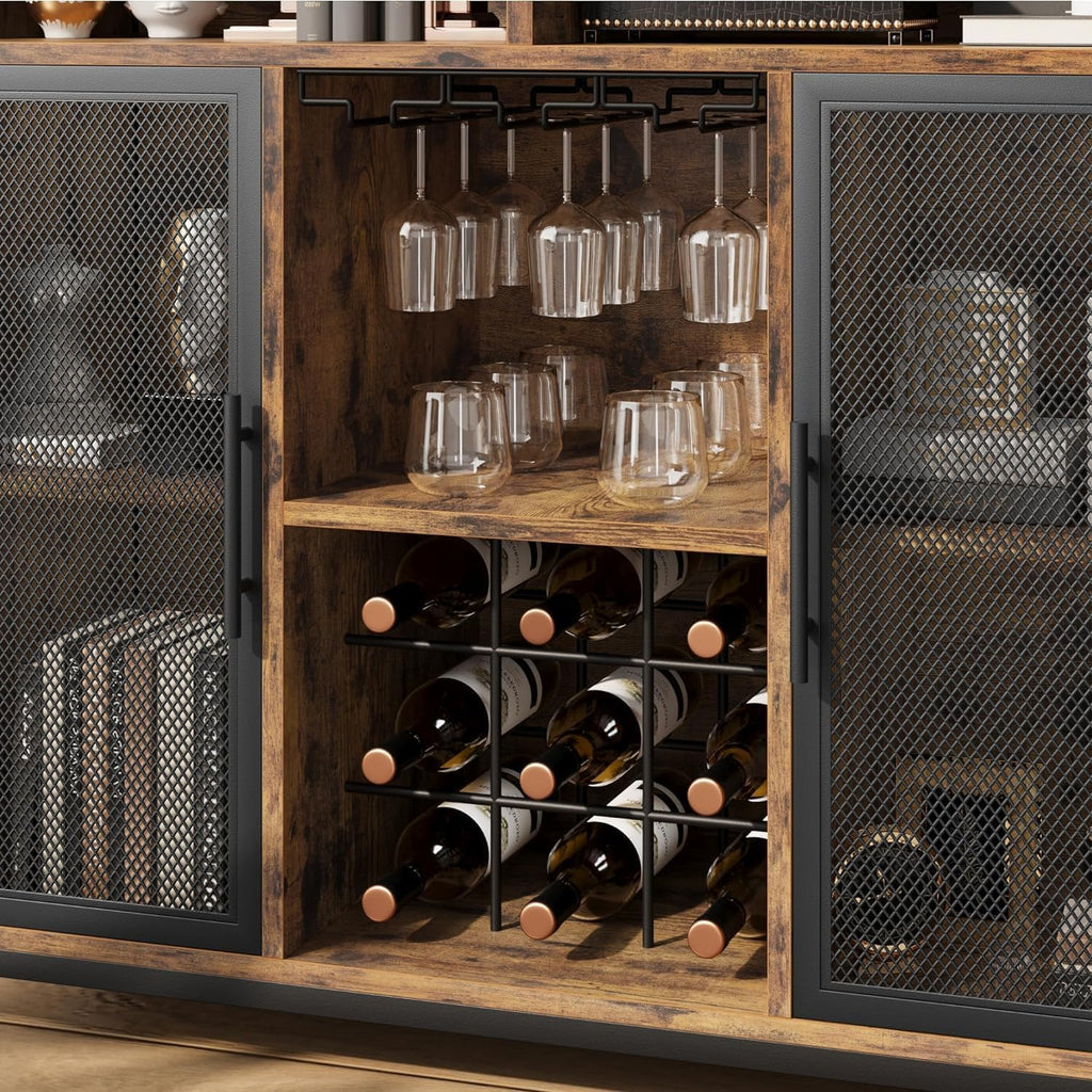 Rustic Brown Coffee Bar Cabinet with Mesh Doors and Adjustable Shelves B535