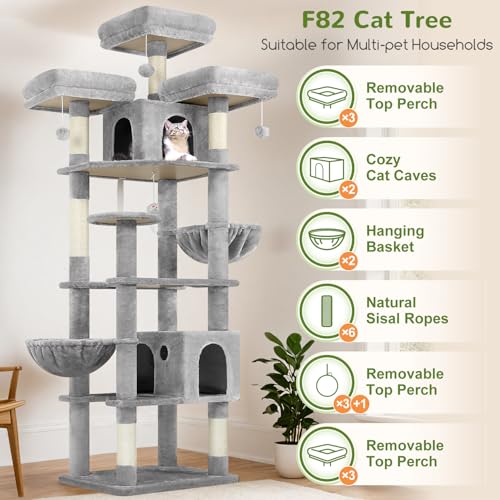 82-inch XXL Tall Cat Tree with Scratching Post, 3 Perches, 2 Condos, 2 Hanging Baskets, Light Grey O3725