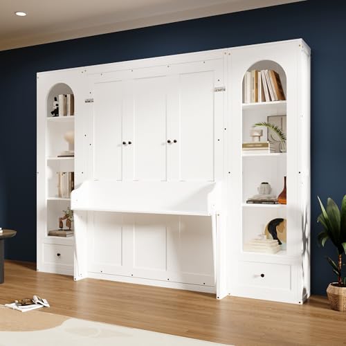 Queen Size White Wooden Murphy Bed with Sofa and Cushion Z5227