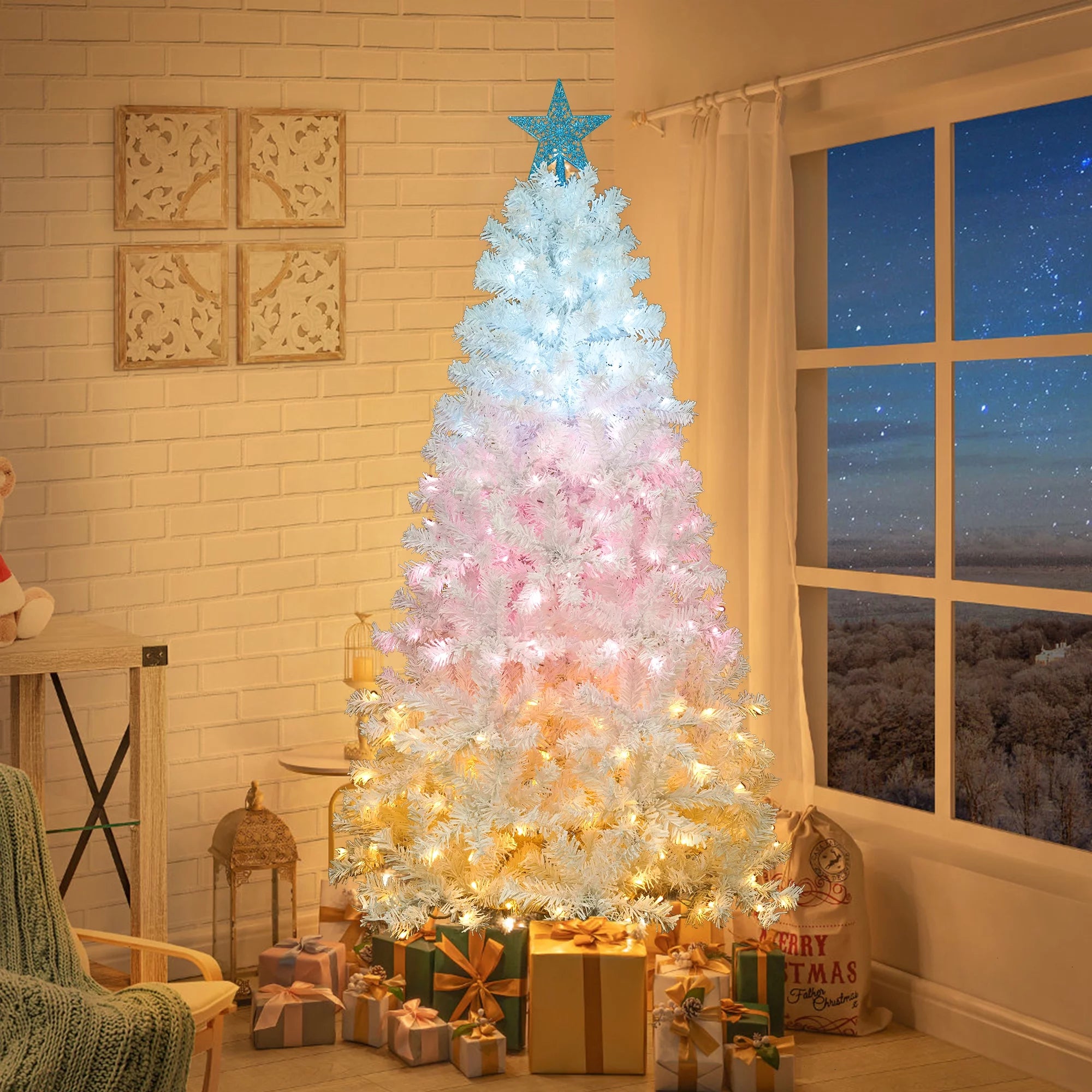 6FT Pre-lit Artificial Christmas Tree with 300 Tri-color Lights & Star Top X805