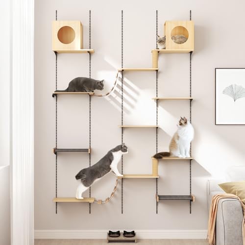 25-Piece Wall-Mounted Cat Climber Set with Cat Shelves, House, Platform, Bridge, Hammock & Scratching Board (Burlywood) H843