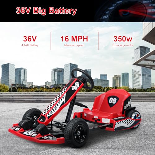 36v Electric Drift Kart with Adjustable Body Length, 3 Speed Mode, 350w Motor, Max Load 187lbs, Max Speed 16 Mph S671