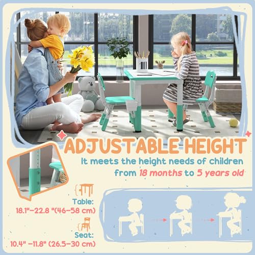 3 Pieces Height Adjustable Kids Table and Chair Set with Storage Green J700357