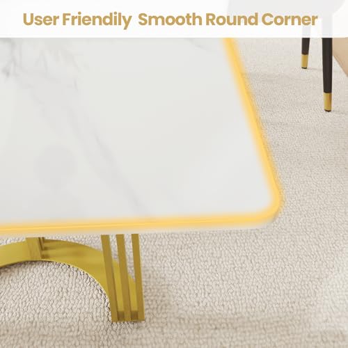 63" White Marble Dining Table with Gold Trestle Pedestal R774533